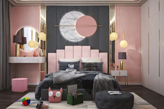 redesign 3d kid room interior, furniture layout,cgi playroom render,book shelves