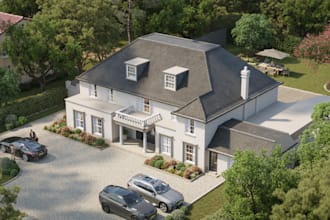 buildup 3d luxury apartment, exterior layout, garden landscape, farmhouse render