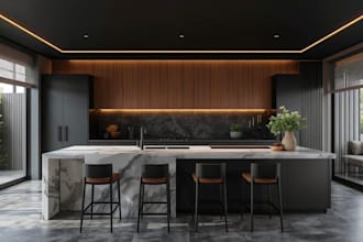do interior design of kitchen, living room, bathroom, 3d modeling and rendering