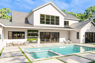 buildup 3d luxury apartment, exterior layout, garden landscape, farmhouse render