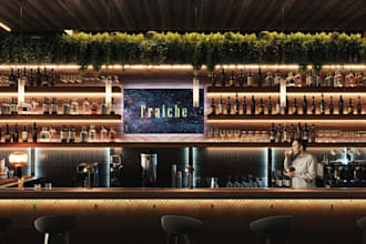 build modern 3d industrial restaurant,barstools,led lighting,bar interior,render