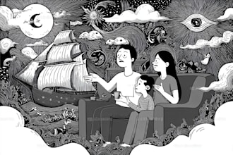 draw illustrations in black and white, characters, objects,