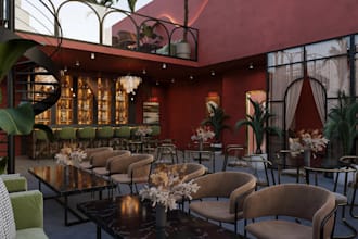 rebuild 3d restaurant design,bar rooftop,coffee shop,eatery, nightclub rendering