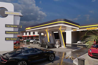 do 3d exterior gas station,commercial space,logo mock up,site plan,ev cgi render