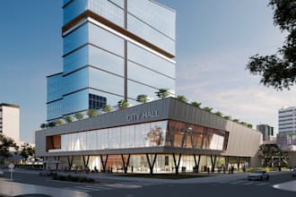 render city hall, 3d mix use commercial building, valet parking, 3d banquet hall