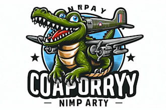 design cartoon crocodile fusion with a military bomber plane logo very fast