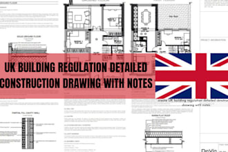 create UK building regulation detailed construction drawing with notes