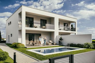 build house from google map, pool villa rendering, lounge chair,3d facade design