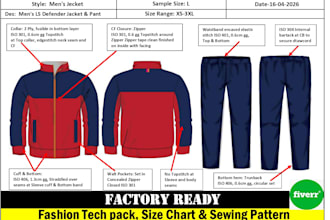create  clothing tech pack, size chart, sewing pattern