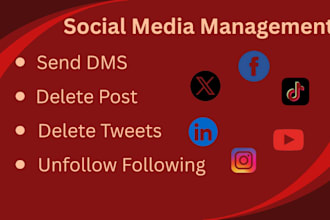 do social media management, unfollow, delete old posts, tweets, send dms