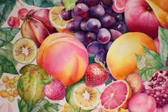 paint flowers, plants and fruits in watercolor