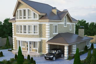 create realistic 3d architectural exterior design for facade, house, farmhouse