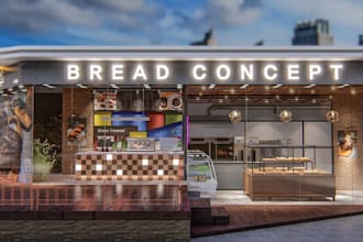 bakery renovation design,storefront exterior,cafe interior,street shop rendering