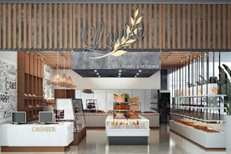 redesign modern 3d bakery, cookie, pastry shop interior, restaurant, cgi render