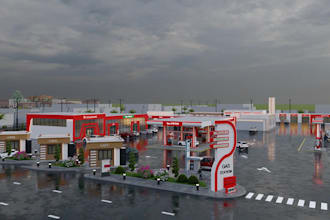 revamp 3d gas station, site plan, landscape render, exterior, rv car park, cafe