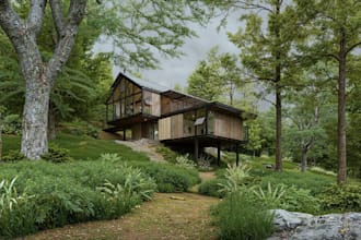 modern cabin house, site plan ,forest building,glass house, exterior render, cgi