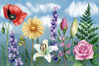 draw botanical vector illustration of plants and flowers