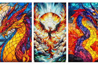 design glasswork colored stained glass art , novel cover nature character animal