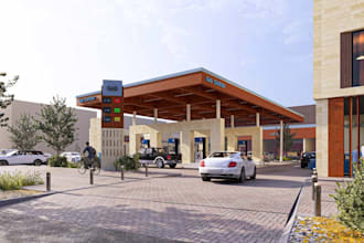 renovate 3d exterior gas station,petrol station,brand logo,stripmall,floor plan