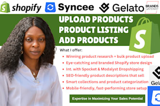 add shopify gelato syncee products listing upload cj dropshipping store design
