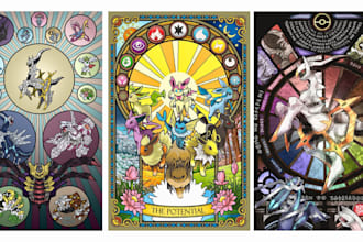 design unique pokémon fakemon character in digial stained glass illustratioon