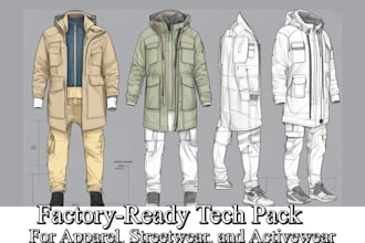 factory ready tech pack with flat sketch and 3d garment view
