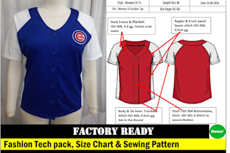 create fashion tech pack, size chart,  sewing pattern