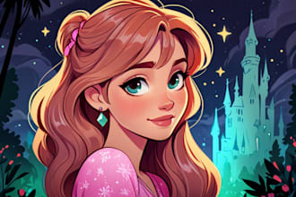 draw a magical illustration, cartoon, and portrait illustration in disney style