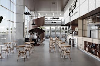 restyle 3d cafeteria interior, luxury seat layout, realistic lighting effect,cgi