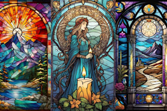 design fantasy stained glass art with character, animals, magical themes