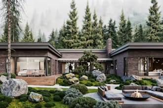 rebuild 3d violet villa,home facade design,forest house,patio, terrace rendering