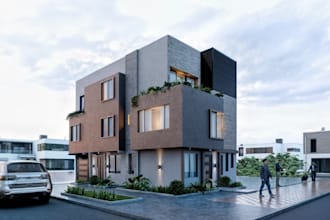 revamp 3d terrace house, exterior elevation, balcony greeney decor, cgi render