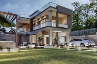 redesign 3d exterior layout, side pool, patio, rooftop, landscape, packing space