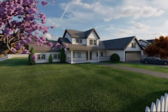 model 3d exterior villa house,front elevation, landscape,drive way,picket fence