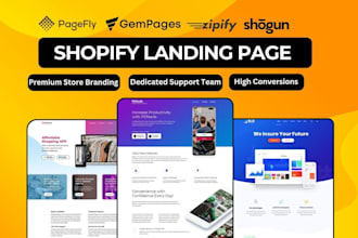 design shopify landing page, product landing page by gempages, pagefly, replo