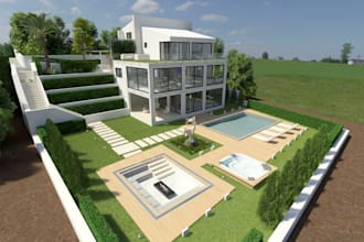 modern hillside residence, green hedges garden, jacuzzi spa area, terrace villa