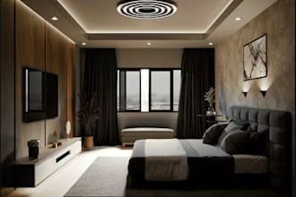 model minimal cozy interior,furniture set,realistic rendering,master bedroom,cgi