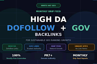 make monthly drip feed high da dofollow,gov backlink for seo ranking
