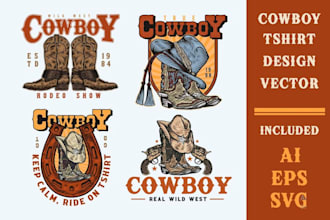 create retro western cowboy hand drawn vintage logo