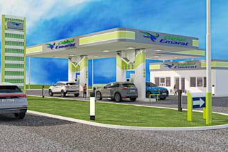 visualize 3d futuristic gas station,fuel pump render,petrol station,plaza, logo