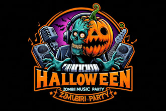 create halloween pumpkin zombie dj music party logo in very short time