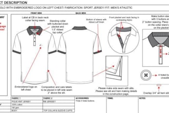 create streetwear fashion technical sketch and clothing tech pack design