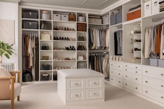 do realistic 3d walking in closet, media wall, mudroom and bathroom design