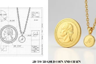 do 2d to 3d jewelry design, necklace, gold coin redesign, resize and retouch