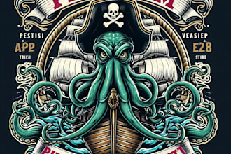 design premium vintage kraken octopus mascot ship logo with t shirt design