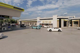 redesign 3d gas station exterior,fuel station,mall,hub,bar store,ev 3d rendering