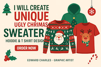 create unique ugly sweater, christmas sweatshirt and santa claus t shirt designs