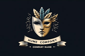 design human face mask, feather, ribbon theatrical logo with creative concepts
