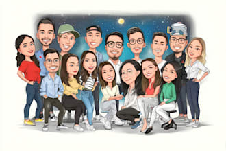 draw group cartoon, caricature based on your photo