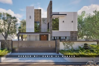 create a photorealistic 3d front elevation rendering